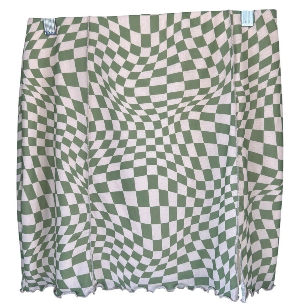T11 Ardene Skirt Warped Checkerboard Mesh Lettuce Hem Y2K Psychedelic Trippy
